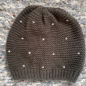 Reverse knit beanie with hand sewn crystal beads
